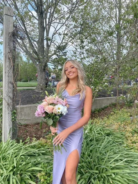 Savings Bonanza Light Purple Side Slit Satin Prom Dress Long Party Dress Evening Dress