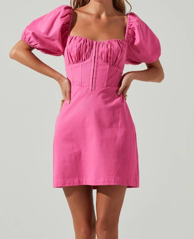Take Advantage Kelilah Puff Sleeve Bustier Mini Dress In Hot Pink