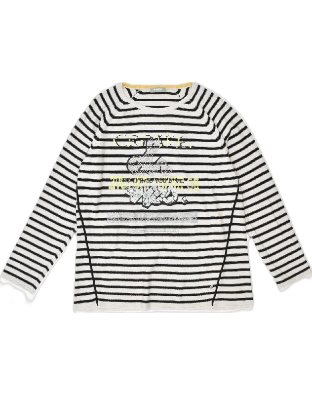 Special Savings VINTAGE Womens Graphic Crew Neck Jumper Sweater UK 14 Large White Striped