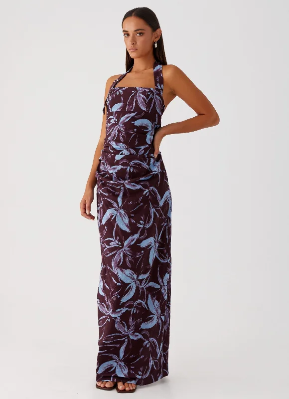 Super Bargain Fauna Halter Maxi Dress - Brown Purple Floral
