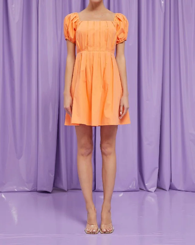 Limited Time Discount Front Pleat Puff Sleeve Mini Dress In Orange
