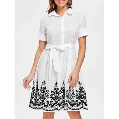 Markdown Madness Embroidered Buttons Flare Dress - White L