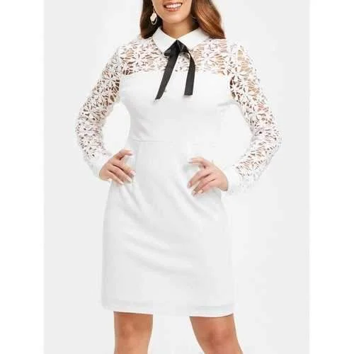 Deal Mania Floral Lace Panel Sheath Dress with Bowknot - White L