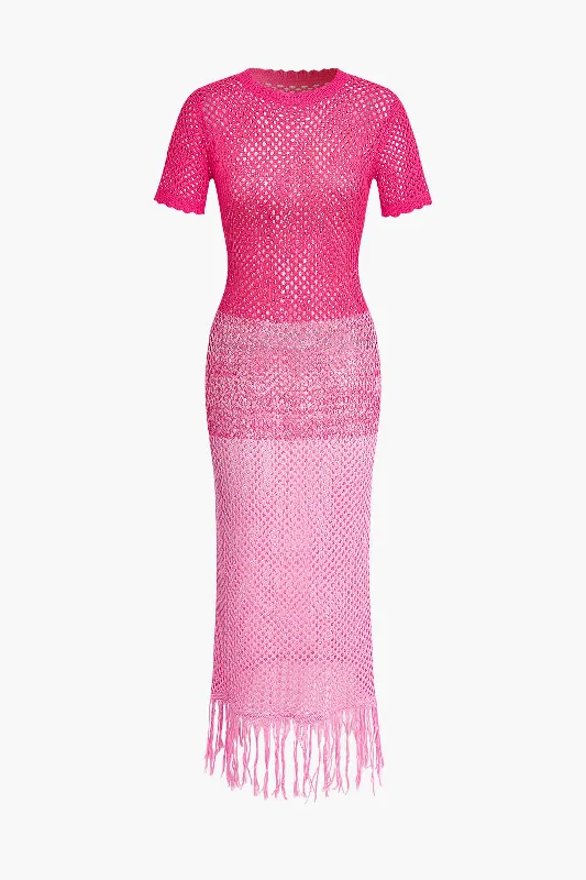 Bargain Prices Fringed Hem Crochet Hollow Out Cover Up Knit Dress