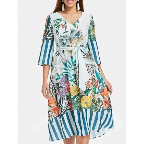 Factory Direct Sale V Neck Belted Flower Print Dress - Baby Blue S