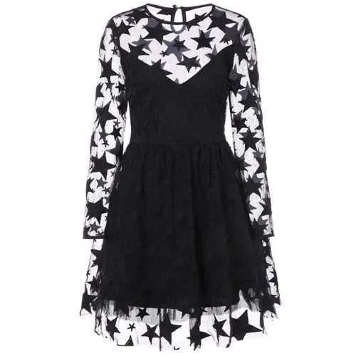 Epic Deals Stars Pattern Lace Overlay Dress - Black L