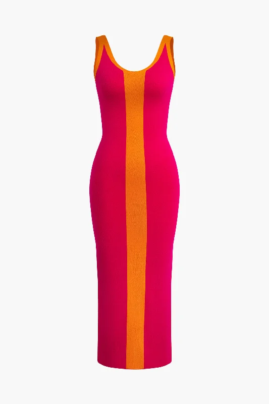 Price Cut Contrast Knitted Slit Midi Dress