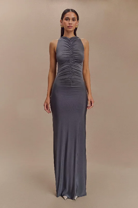 Daily Deals Priya Slinky Ruched Halter Maxi Dress - Dark Charcoal