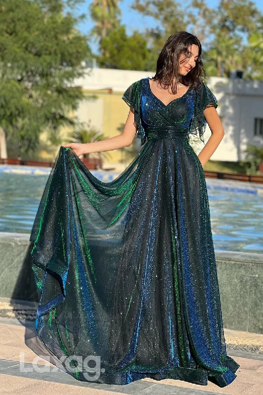 Flash Sale 16751 - A Line V neck Short Sleeves Sparkly Formal Prom Dress