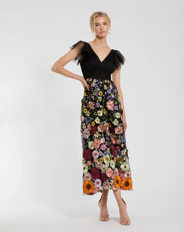 Deep Discounts Embroidered Ruched Flutter Sleeve A Line Dress