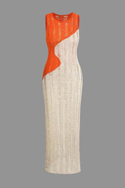 Limited Time Contrast Distressed Ladder Knit Dress