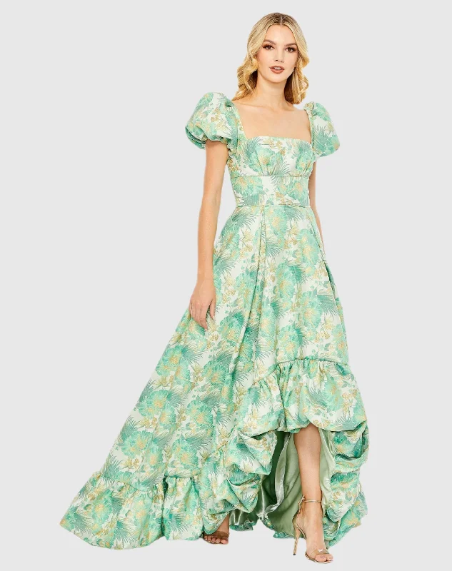 Price Blitz Green Floral Print Puff Sleeve High Low Brocade Gown