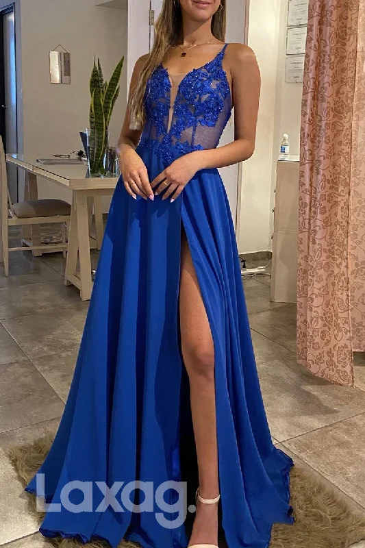 Closeout 17785 - Plunging V-Neck Lace Appliques High Split Long Prom Dress