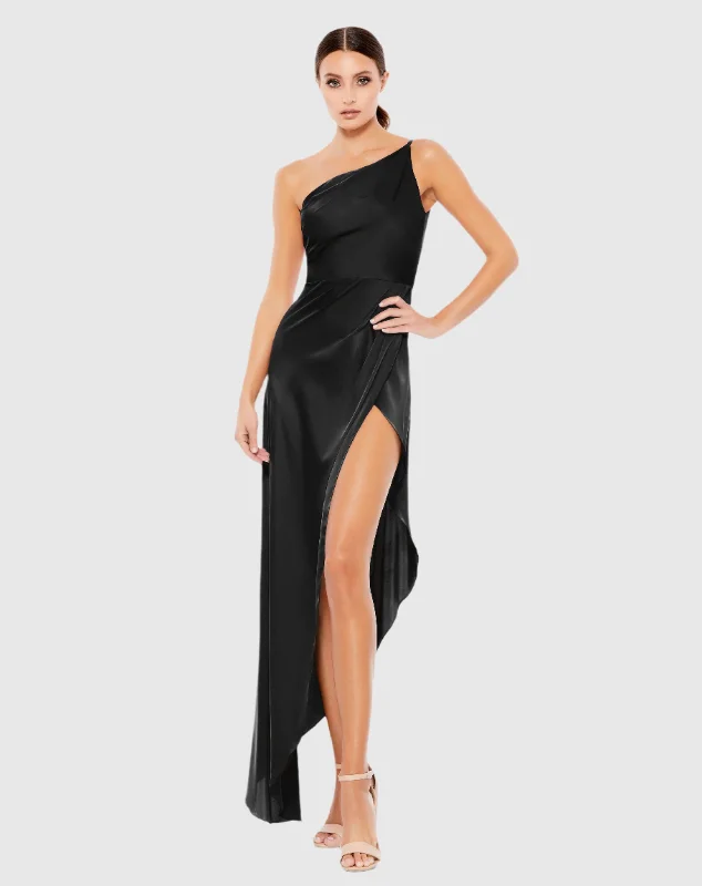 Clearance Items Black One Shoulder Hi-Low Draped Charmeuse Dress