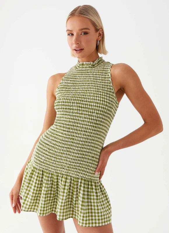Big Savings Cassie shirred Mini Dress - Khaki Gingham