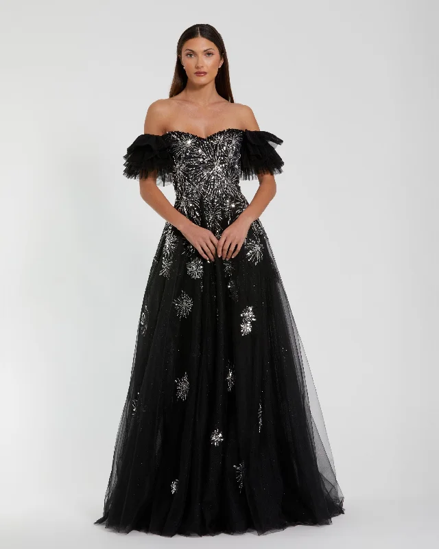 Midnight Madness Tulle Off The Shoulder Gown With Sequin Details