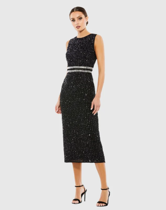 Online Specials Black Sleeveless High Neck Beaded Midi Sheath Dress