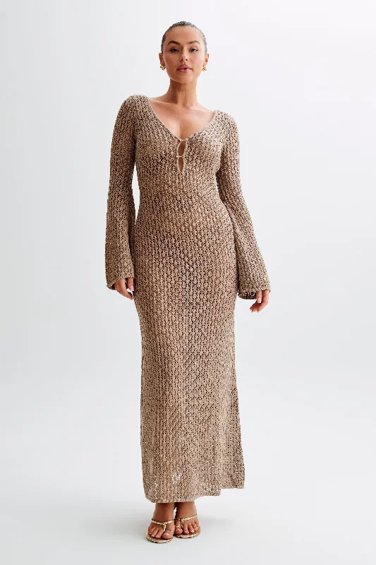 Lowest Price Kayleigh Crochet Fishtail Flare Sleeve Maxi Dress - Taupe
