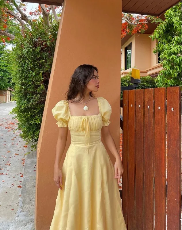 Bargain Blast Light Yellow A-line Long Prom Dress with Puff Sleeves