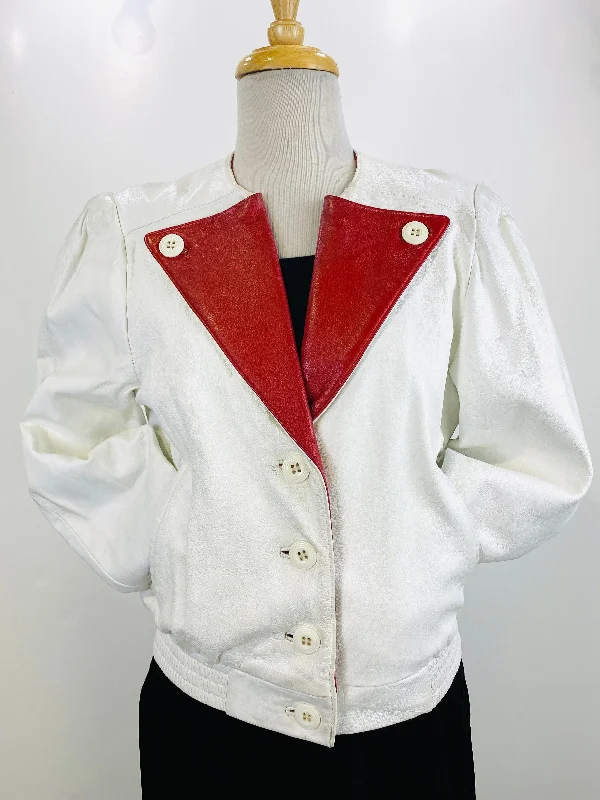 Can't Miss Vintage 1980s Women's White/ Red Leather Jacket, Medium