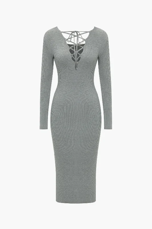 Markdowns Knitted Cut Out Tie-Up Slit Long Sleeve Dress
