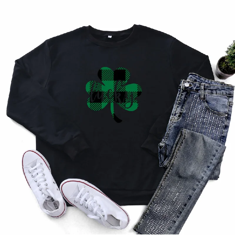 Discount Deals St.Patrick'S Day Fashion Women'S Long Sleeve Check Four Leaf Printed Round Neck Sweatshirt