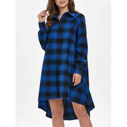 Buy More, Save More Asymmetrical Checked Shirt Dress - Blueberry Blue Xl