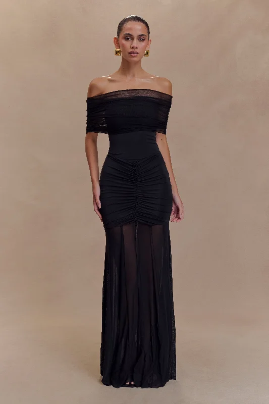 Super Savings Caspian Slinky And Mesh Off Shoulder Maxi Dress - Black