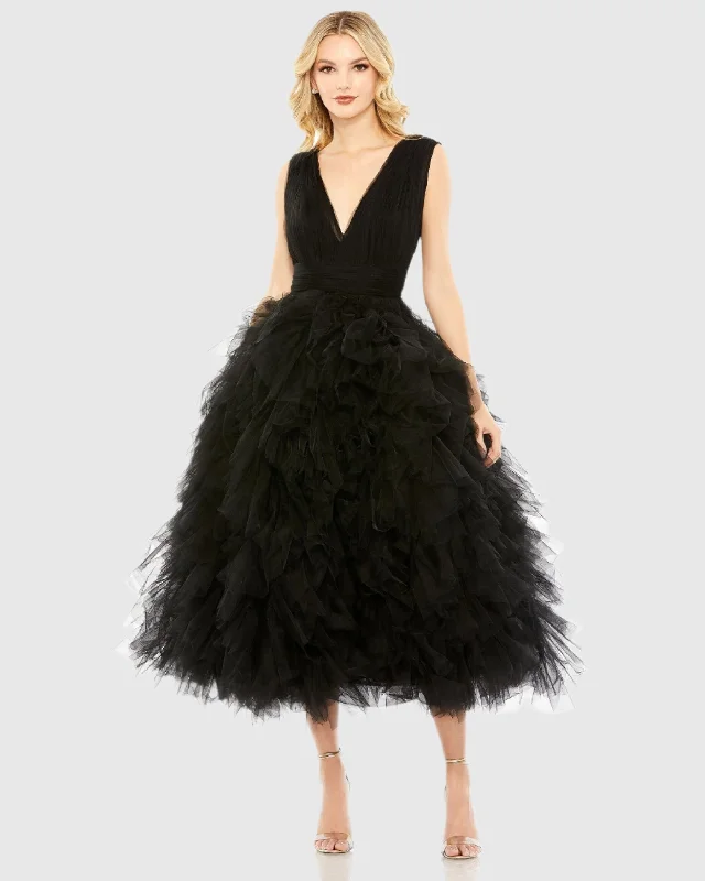 Limited Quantity Ruffled Sleeveless V-Neck A Line Tulle Dress