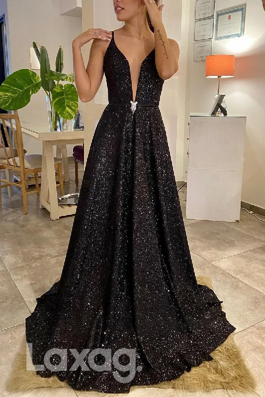 Stock Clearance 17796 - Plunging V-neck Black Sequin Sparkly Prom Dress