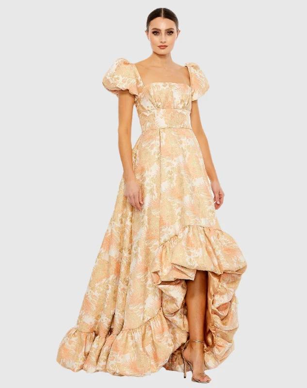 Today Only Orange Floral Print Puff Sleeve High Low Brocade Gown