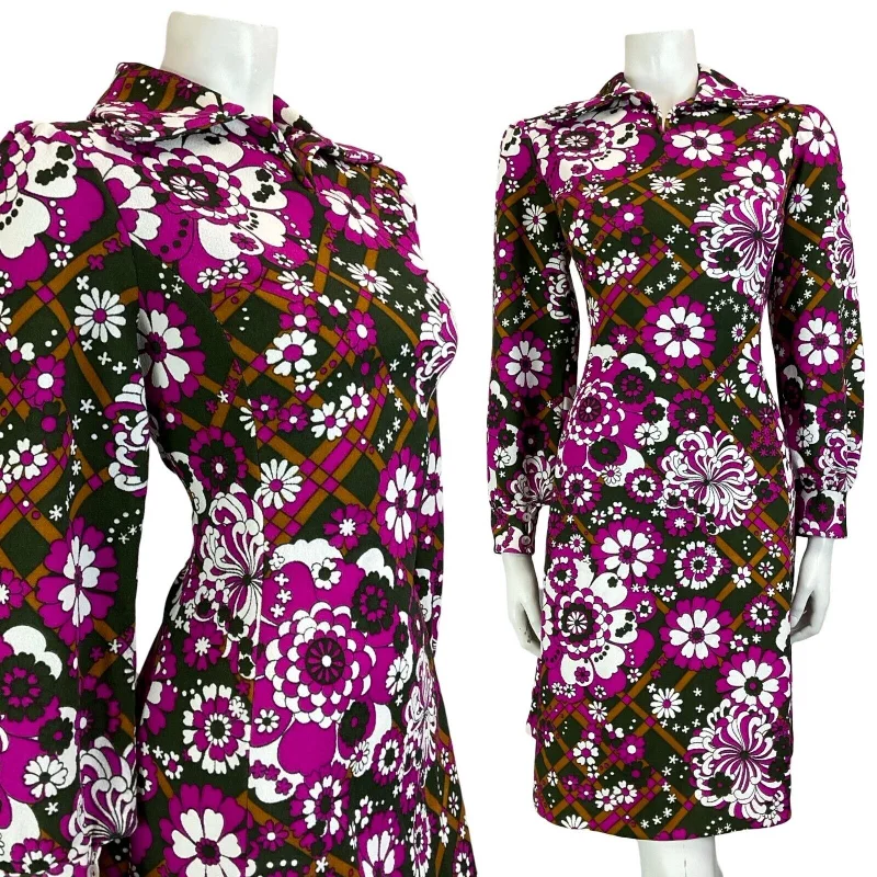 Super Savings VTG 70S OPEN COLLAR BISHOP SLEEVE FLOWER POWER PINK PURPLE BROWN MIDI DRESS 10