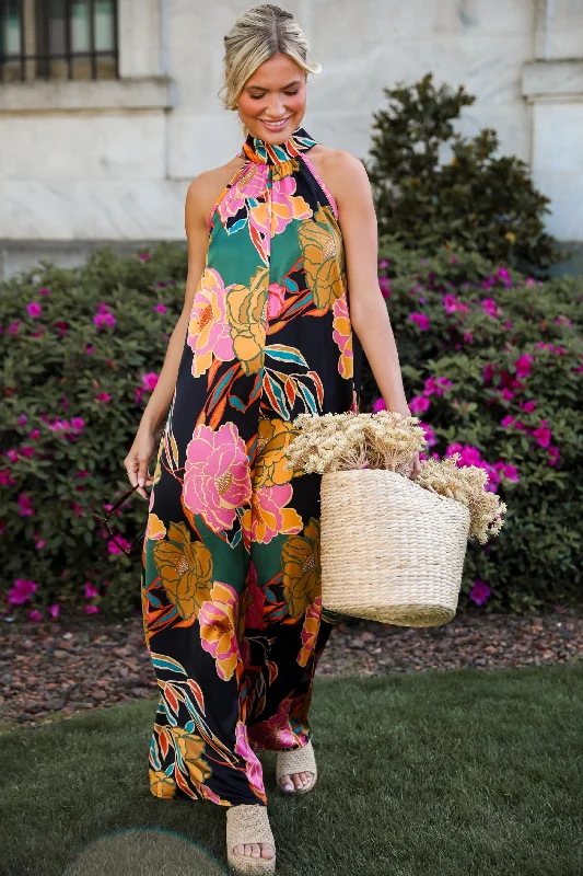 TIME-Limited Offer FINAL SALE - State Of Chic Black Satin Floral Jumpsuit