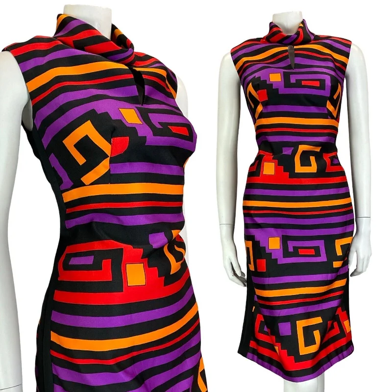 Deal Frenzy VTG 60S MOD BLACK PURPLE RED YELLOW FUNNEL NECK SLEEVELESS MIDI DRESS