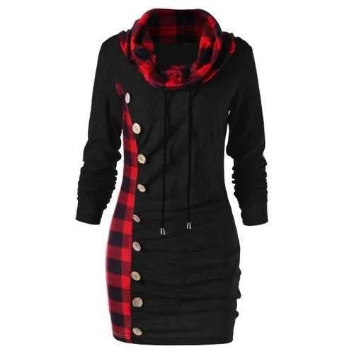 Extra Savings Plaid Cowl Neck Tunic Sweatshirt Dress - Red With Black M