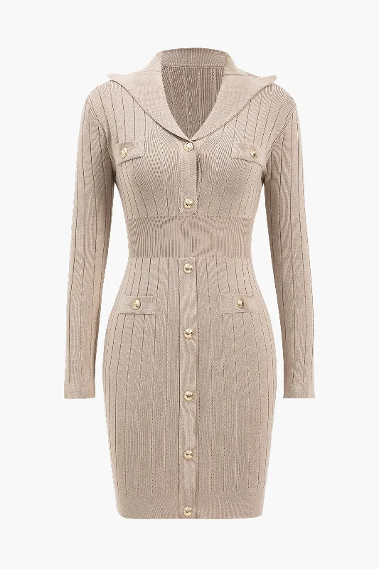 Doorbuster Deal Knit Button V-Neck Hollow Out Long Sleeve Dress