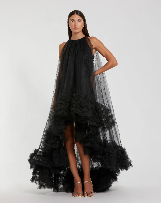 Price Rollback Black Tulle High Neck Sleeveless Ruffled Hem Hi-Low Gown
