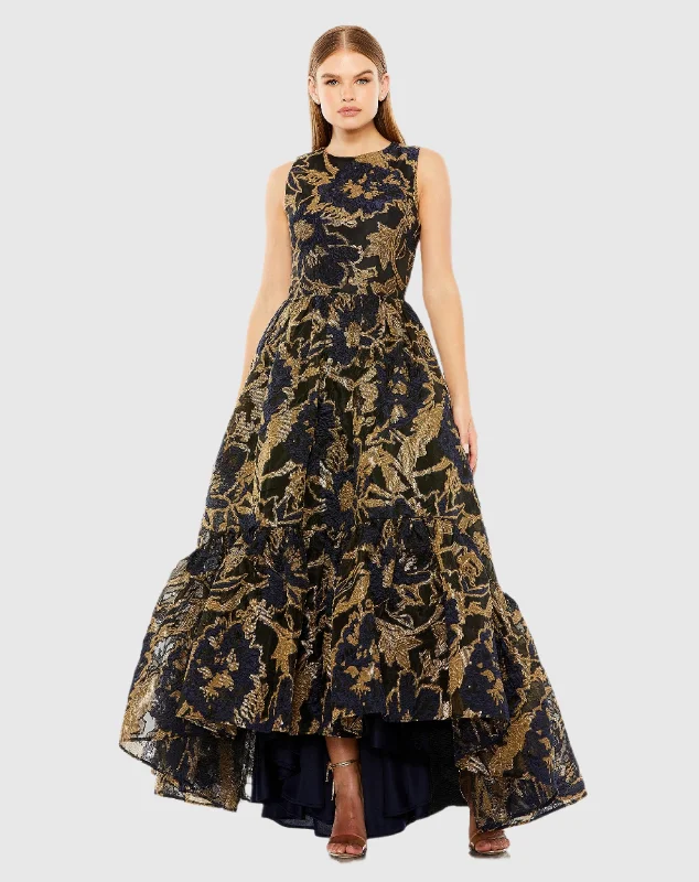 Deal Explosion Navy and Gold Sleeveless High Low Brocade Gown