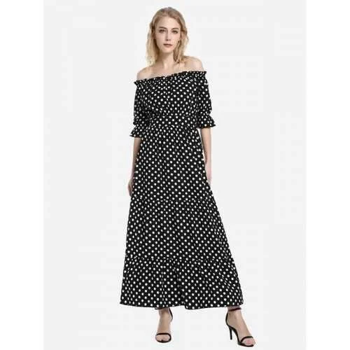 Exclusive Preview ZAN.STYLE Elasticized Waistband Off the Shoulder Dress - Black And White S