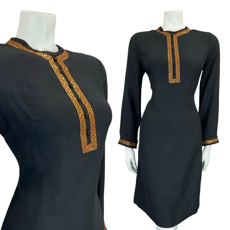Act Fast VTG 60S BLACK MEDIEVAL BIB MOD EVENING PARTY GOLD COPPER TRIM TUNIC DRESS 8 10 S