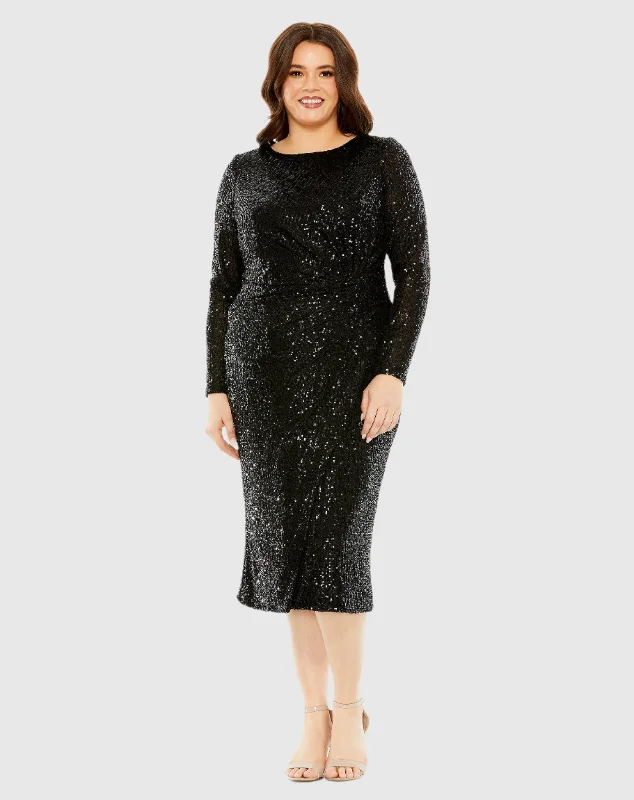 Midnight Madness Black Long Sleeve Sequin Gathered Waist Dress