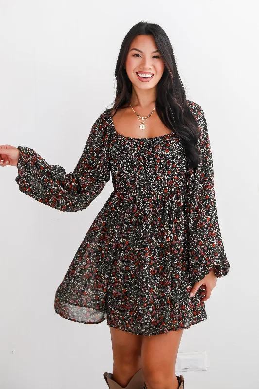 Limited Edition FINAL SALE - Delight In Elegance Black Floral Mini Dress