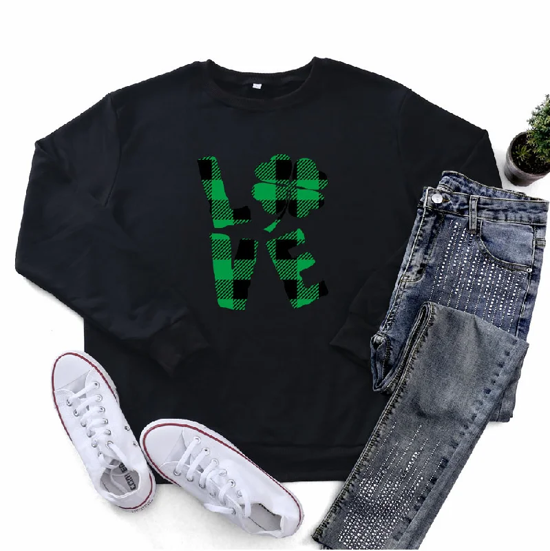 Huge Savings St.Patrick'S Day Fashion Women'S Long-Sleeved LOVE Four-Leaf Clover Print Round Neck Sweater