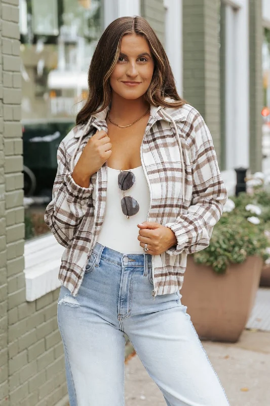 Instant Discount Brown Plaid Hooded Zip Up Jacket - FINAL SALE