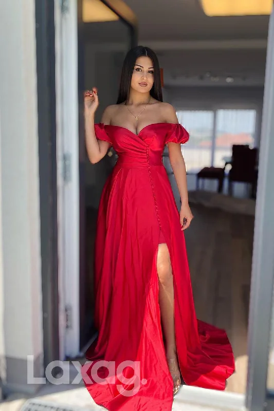 Limited Stock 17770 - Off Shoulder Red Satin Long Prom Dress with Slit