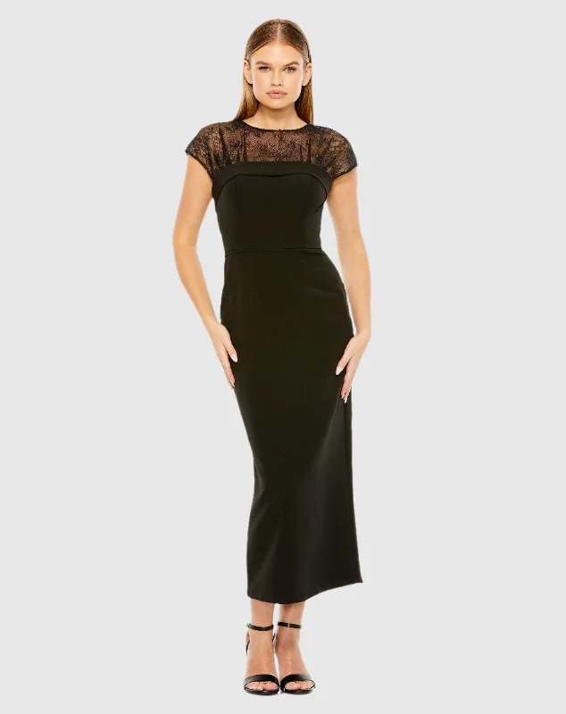 Bonus Savings Sheer Lace Top Crepe Midi Dress