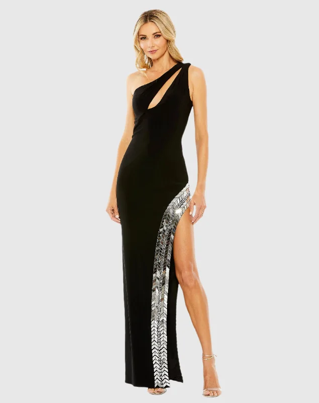 Act Now Black One Shoulder Cut Out Mirror Sequin High Slit Gown