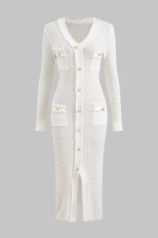 Great Deals Knit Button V-Neck Long Sleeve Dress