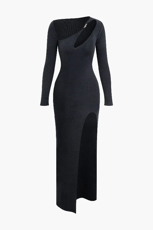 Price Cut Asymmetrical Cut Out Long Sleeve Slit Knit Maxi Dress