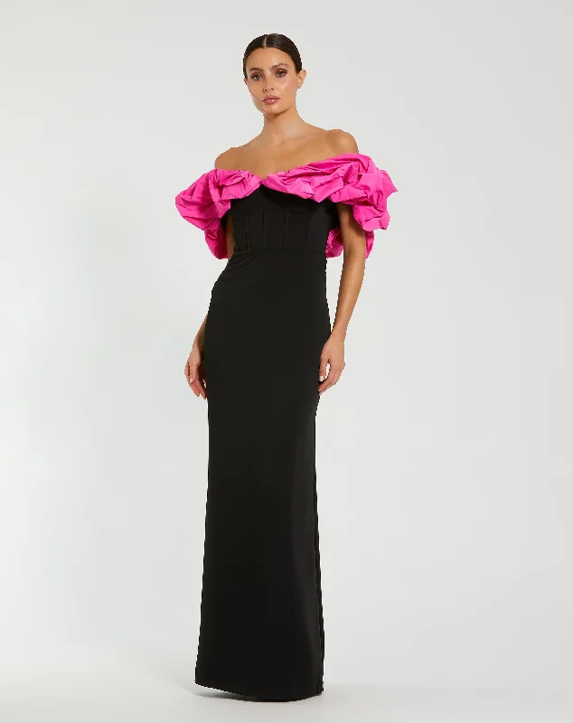 Quick Sale Black Crepe & Faille Off The Shoulder Gown